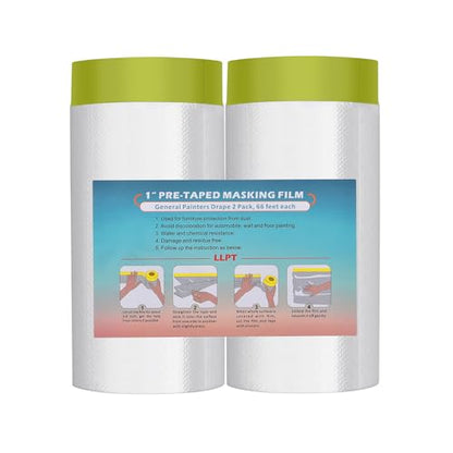 LLPT Tape and Drape 59.1”(Unfolded) x 66 Ft Each 2 Pack Pre-Taped Masking Film 0.31 Mil Painters Plastic Drop Cloth for Auto Wall Furniture Painting Protection (MFTG1520) - size: 59.1 Inch X 66 Ft