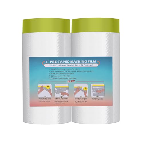 LLPT Tape and Drape 59.1”(Unfolded) x 66 Ft Each 2 Pack Pre-Taped Masking Film 0.31 Mil Painters Plastic Drop Cloth for Auto Wall Furniture Painting Protection (MFTG1520) - size: 59.1 Inch X 66 Ft