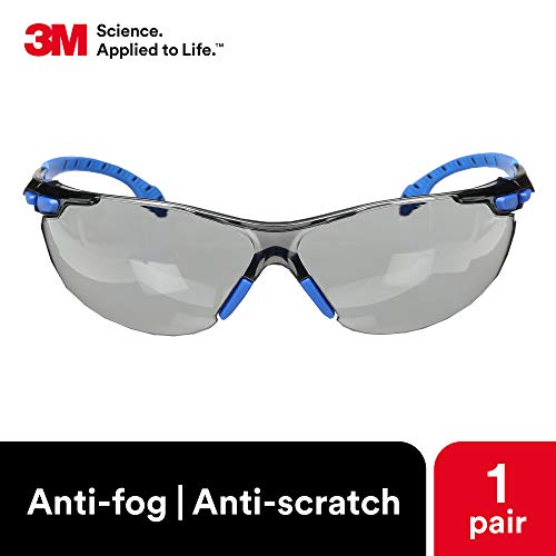 3M Safety Glasses, Solus 1000, S1102SGAF, ANSI Z87, Scotchgard Anti-Fog Gray Lens, Blue/Black Frame, UV Protection, Premium Eye Protection, Padded Temple, Soft Nosebridge - size: Single, style: Gray Lens, Blue/Black Frame