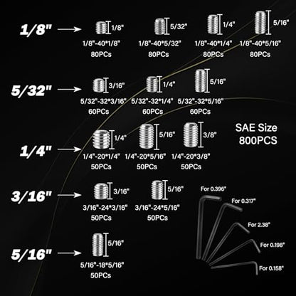 2030PCS Set Screws Assortment Kit, 35Sizes Metric & SAE Stainless Steel Screws, Allen Head Socket Hex Grub Set Screws for Bathroom Fixtures, Towel Bar (M2-M8, 1/8"-40 to 5/16"-18) - size: 2030PCS 35Size