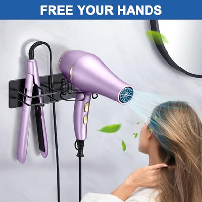 Hair Dryer and Straightener Holder Wall Mounted, Self Adhesive Blow Dryer and Flat Iron Storage Hair Tool Organizer for Bathroom Vanity (Black) - color: Matt Black