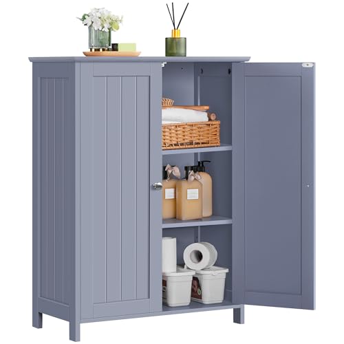 Yaheetech Bathroom Floor Cabinet, Modern Storage Freestanding Organizer Cabinet with Adjustable Shelves & Double Doors, 3-Tier Home Living Room Furniture, Gray - color: Grey, size: 24″ L × 12″ W × 32″ H