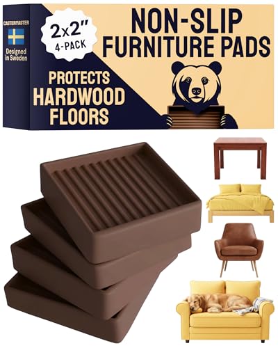 CasterMaster Non Slip Furniture Pads - 2 in x 2 in Brown 4 Pack - Chair Leg Floor Protectors & Furniture Sliders for Hardwood, Vinyl & Tile Floors - Bed Stoppers - color: Brown, size: 2'' x 2'' (Pack of 4)
