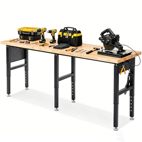 ENJOYWOOD 84" x 24" Heavy Duty Workbench Adjustable Height Garage Work Table with Solid Rubberwood Top, Extended Pegboards & Power Outlets for Workshop, Home & Office - size: 84 Inch