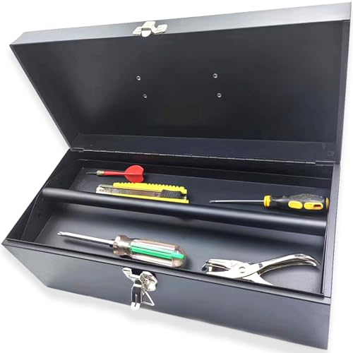 16" Portable Metal Toolbox Black Large Tool Box 18-Gauge Meta l Tackle Box Tool Box Drawer Organizer Steel Toolbox With Metal Latch and Handle - color: Black