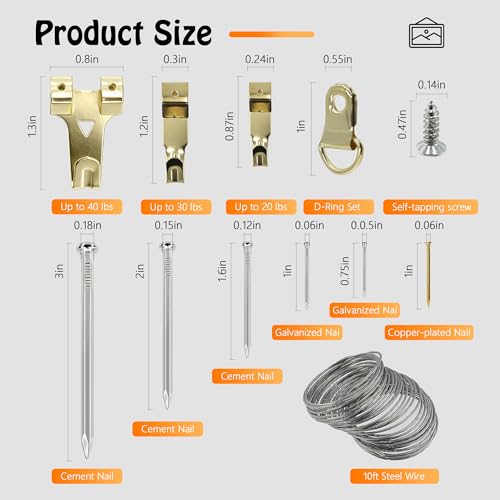 Picture Hanging Kit Hanging Hardware Assorted with Magnetic Hammer D Ring Nails Hooks Wires Magnetic Level for Wall Mounting Heavy Picture Canvas Paintings Photos Frame Board Clock