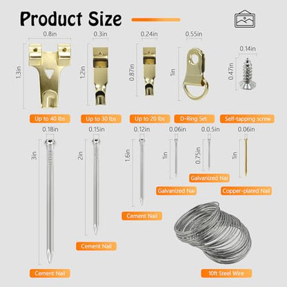 Picture Hanging Kit Hanging Hardware Assorted with Magnetic Hammer D Ring Nails Hooks Wires Magnetic Level for Wall Mounting Heavy Picture Canvas Paintings Photos Frame Board Clock