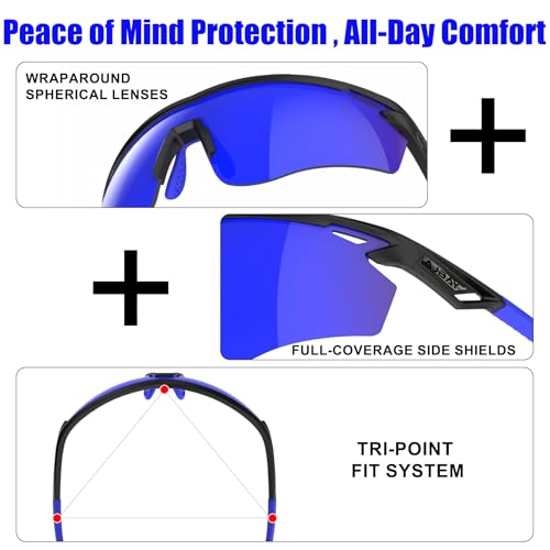 Polarized Sports Sunglasses for Men Women,Wrap Around Sun Glasses for Running Cycling Baseball Fishing Golf Hiking - color: Black Blue