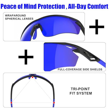 Polarized Sports Sunglasses for Men Women,Wrap Around Sun Glasses for Running Cycling Baseball Fishing Golf Hiking - color: Black Blue