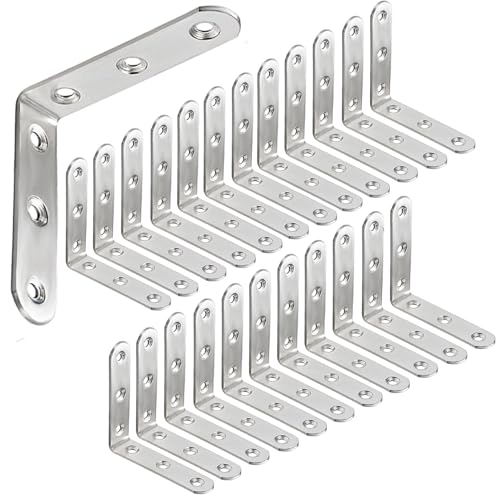 24pack Corner Brackets, 16x60mm Right Angle L-Shaped Reinforced Metal Braces Wood Timber Stainless Steel Sheet Connecting Joint Fixing Repair Connector for Furniture Bed Tables Window Shelf - color: 24pcs 16x60mm