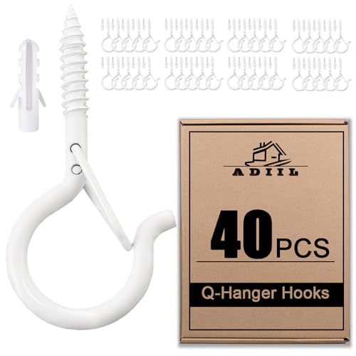 ADIIL 40 PCS Q Hanger Hooks with Safety Buckle, Windproof Screw Hooks for Hanging Outdoor String Lights, Plants, Christmas Patio Lights, 2.2 Inches, White - color: White, size: 40 pcs