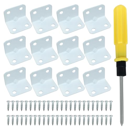 White Metal Corner Bracket, 4 Holes 1x1x1.26inch L Shape Corner Brace, 90 Degree Right Angle Bracket for Wood Shelves Cabinet Furniture - 12Pcs