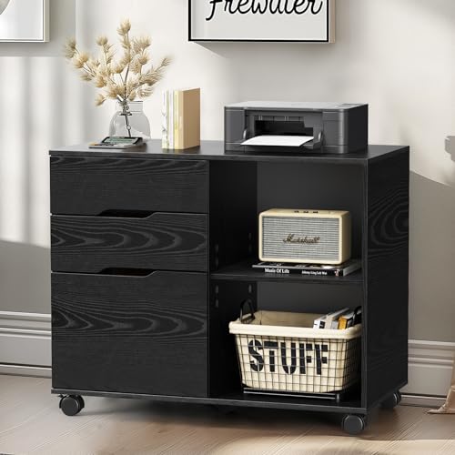DUMOS Lateral File Cabinet with 3 Drawers Rolling Filing Cabinets Under Desk Storage Printer Stand Wood Organizer with Wheels Adjustable Shelf for Office Home Small Space, Black - color: Modern Black