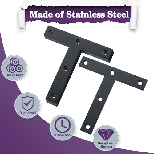 Alise ''T'' Flat Brackets,Corner Bracket Black Corner Brace Mending Plate Repair 120mmX120mm Stainless Steel Flat Braces for Wood Tables, Chairs, Sofas, Beds, Cabinets, Doors and Windows,Pack of 8 - size: 120x120mm, style: Matte Black