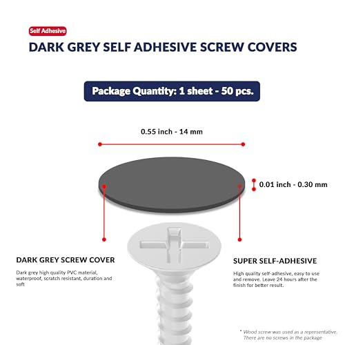 Dark Grey Self-Adhesive Screw Hole Stickers - 50 pcs. 0.55 inch / 14 mm Peel Stick Dust Proof Tape, Water Resistance PVC Caps for Wood Cabinets, Furniture, Drawer, Wardrobe, Kitchen, Table - color: Dark Grey, size: 0.55 inch - 14 mm