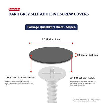 Dark Grey Self-Adhesive Screw Hole Stickers - 50 pcs. 0.55 inch / 14 mm Peel Stick Dust Proof Tape, Water Resistance PVC Caps for Wood Cabinets, Furniture, Drawer, Wardrobe, Kitchen, Table - color: Dark Grey, size: 0.55 inch - 14 mm