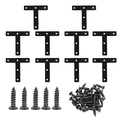 Hordion 10Pcs 3 x 3 Inch T Bracket Corner Brace (80 X 80mm), Iron Flat Corner Bracket Heavy Duty, Metal T Shaped Support Brace, Right Angle Brackets Repair Plates with Screws - size: 3" x 3" (Black), style: T-Shape