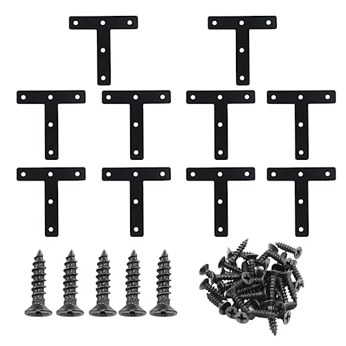 Hordion 10Pcs 3 x 3 Inch T Bracket Corner Brace (80 X 80mm), Iron Flat Corner Bracket Heavy Duty, Metal T Shaped Support Brace, Right Angle Brackets Repair Plates with Screws - size: 3" x 3" (Black), style: T-Shape