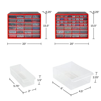Set of Two Storage Bins with Drawers – Pair of 44 and 24 Drawer Desktop or Wall Mount Plastic Tool Organizers for Hardware or Crafts by Stalwart (Red) - style: 44 and 24 Drawers
