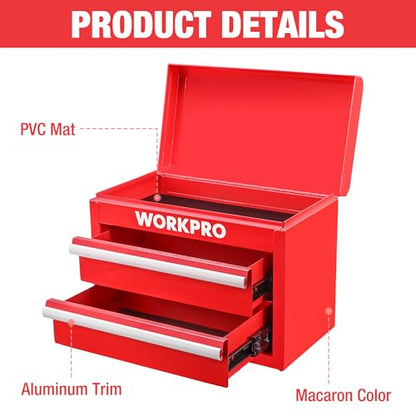 WORKPRO Metal Mini Tool Box, Top Tool Chest containing Two Drawers with Ball Bearing Slides, PVC Drawer Liners and PP Feet Pads, Durable Cold Rolled Steel Small Toolbox for Multi-Purpose Storage - color: Red