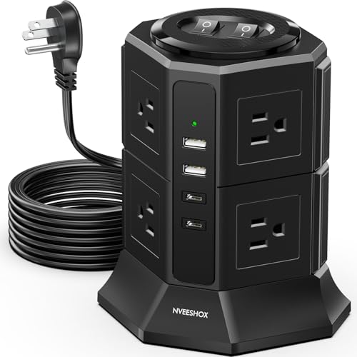 Surge Protector Power Strip Tower with 8 AC Outlets 4 USB Ports(2 Type C), 6.5 FT Ultra Flat Extension Cord, Flat Plug Power Strips Tower with Surge Protection for Home, Office, Dorm - color: Black+4USB+6.5FT, size: 6.5 Ft