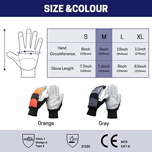 Chainsaw Safety Gloves, Chainsaw Protective Work Gloves, Cut Resistant Gloves, 12-Layer Protection on Left Hand Only - color: Medium Orange