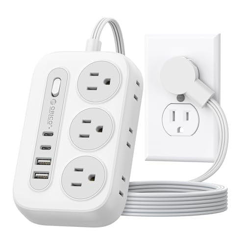 ORICO Surge Protector Power Strip, Multiple Outlets Extension Cord with 6 AC Outlets 2 USB-A and 2 USB-C Ports, 5 ft Flat Plug Power Strip, Mountable Outlet Extender for Dorm/Office/Home- OG - color: White, size: 5ft