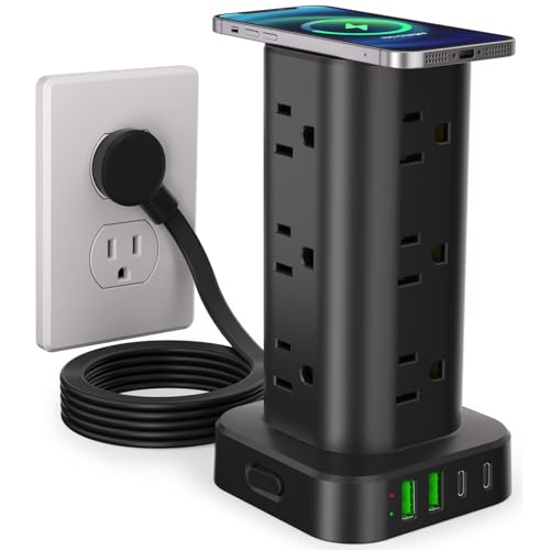 Power Strip with Wireless Charger, Flat Plug Surge Protector with 6FT Extension Cord, 12 AC Multiple Outlets, 4 USB (2 USB C), 15W Wireless Charging Power Tower for Home Office Dorm, Black - color: Black, size: 6FT with Wireless Charging
