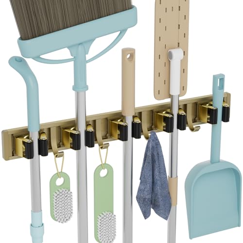 reliahom Broom Holder Wall Mount, 5 Racks with 4 Hooks Bronze - Mop Storage Tool Racks, Broom Hanger Tool Organizer for Garage, Kitchen, Garden, Laundry Room - color: Bronze, size: 1 Pack 5R4H