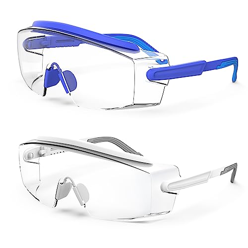 Anti Fog Safety Glasses Safety Goggles Over Glasses Protective Glasses with Anti Scratch Lenses Adjustable - color: 2 Pack (Blue + White)