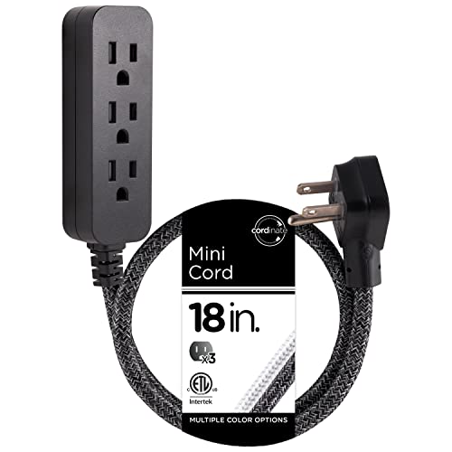 Cordinate Designer Mini 3-Outlet Power Strip, 18 in Braided Extension Cord, Grounded Adapter, Low-Profile Flat Plug, ETL Listed, Black/Dark Heather, 47298 - color: Black, size: 18 In