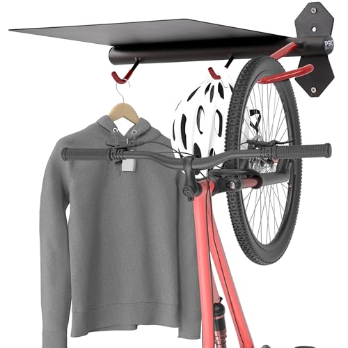 PRO BIKE TOOL Bike Storage Rack - Indoor Bike Rack for Bicycle and Accessories - Compact Steel Bike Holder - Easy Installation - Black and Red - Durable Metal Construction for Home or Garage - color: Red (with shelf)