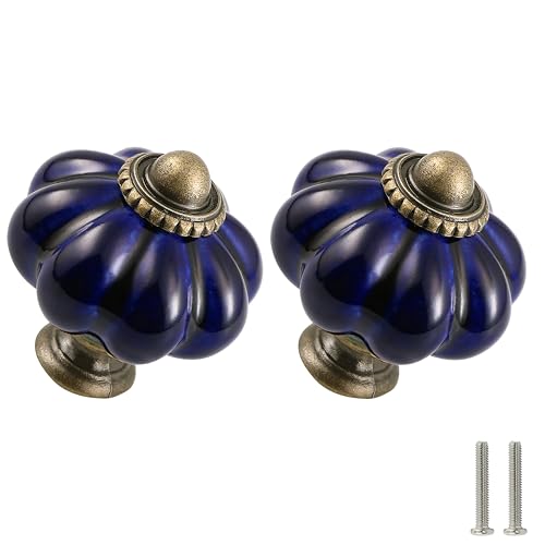 Navy Blue Pumpkin Knobs 2 Pack Ceramic Cabinet Knobs Vintage Drawer Pulls - Antique Dresser Pulls with Screws for Closet Drawer Cupboard Cabinet and DIY Home Project - color: Navy Blue