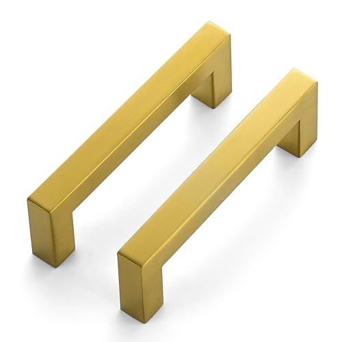 10 Pack Brushed Brass Cabinet Pulls, 3.75 Inch (96 mm) Hole Center Cabinet Handles, Square Kitchen Hardware for Doors, Drawers & Cupboards, Gold Stainless Steel, 4.25 Inch Overall Length - color: Brushed Brass Square, size: 3-3/4" Hole Center
