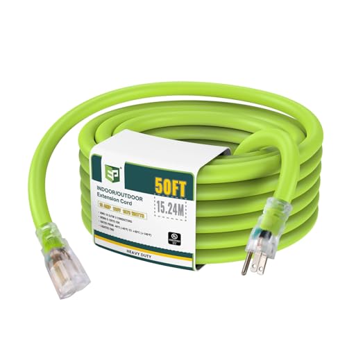 EP 50 Ft Lighted Outdoor Extension Cord - 10/3 SJTW Heavy Duty Green Extension Cable with 3 Prong Grounded Plug for Safety, UL Listed - color: Green, size: 50ft