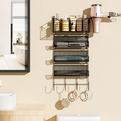 VITVITI Metal Hair Tool Organizer Wall Mount, Hair Dryer Holder with 4 Tier Shelf Basket Hooks, Bathroom Styling Tool Organizer for Curling Iron/Blow Dryer/Straightener, Matte Black - color: 5 Tiers Black