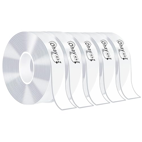 Ohayooz® Extra Strong Double Sided Tape Heavy Duty Removable 50FT, Clear Sticky Adhesive Nano Tape Tough Washable Waterproof Mounting Tape for Hanging Picture, Poster, Carpet, Photo Deco, Pack of 5 - size: 10 Feet Set of 5