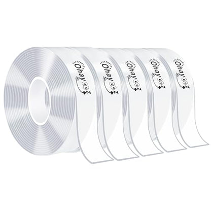 Ohayooz® Extra Strong Double Sided Tape Heavy Duty Removable 50FT, Clear Sticky Adhesive Nano Tape Tough Washable Waterproof Mounting Tape for Hanging Picture, Poster, Carpet, Photo Deco, Pack of 5 - size: 10 Feet Set of 5