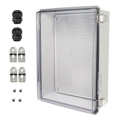 Zulkit Junction Box,IP67 Waterproof Electrical Box Hinged Clear Cover Stainless Steel Buckle Plastic Enclosure for Project w Mounting Plate Wall Bracket and 2 Cable Gland 15"x11"x5.1"/380x280x130mm - color: Clear Cover, size: 15"x11"x5.1"