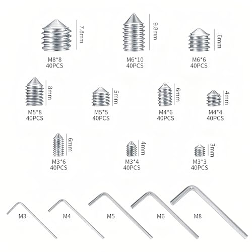 400 Pcs Set Screw Assortment Kit, Hex Allen Head Socket Cup Point Screws Set, Metric M3/M4/M5/M6/M8 Internal Hex Drive Grub Set Screws for Door Handles, Bathroom Fixture, with Hex Wrenches