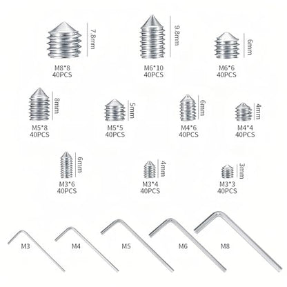 400 Pcs Set Screw Assortment Kit, Hex Allen Head Socket Cup Point Screws Set, Metric M3/M4/M5/M6/M8 Internal Hex Drive Grub Set Screws for Door Handles, Bathroom Fixture, with Hex Wrenches