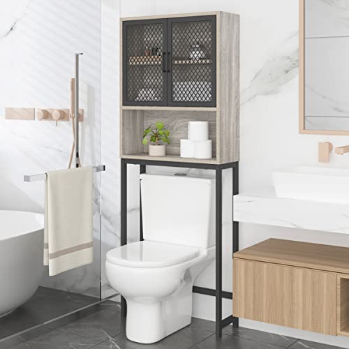 Launica Bathroom Space Saver, Over The Toilet Storage Cabinet, Metal and Wood Industrial Organizer Stand Above Toilet, Freestanding Rack Behind Toilet with Shelf, Light Grey Oak - color: Light Grey Oak