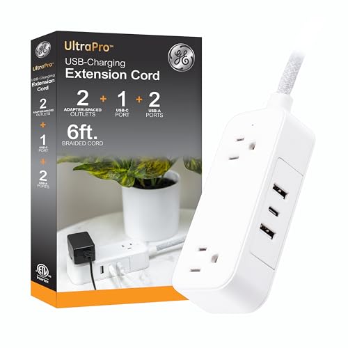 GE Flat Plug Power Strip Extension Cord with USB Ports, Travel Power Strip with 2 Outlets 3 USB Ports, Cruise Ship Essentials, 6 Ft Braided Small Extension Cord Flat Wall Plug, ETL Listed White, 81597 - color: White