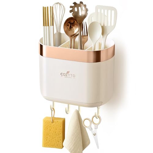 COZYTO LuxTray U1-Pro Wall Mounted Utensil Holder – Kitchen Organizer with Hooks, Dividers & Drain Tray, No-Drill Adhesive Wall Mount Storage, BPA-Free (Cream White & Rose Gold) - color: Cream White & Rose Gold