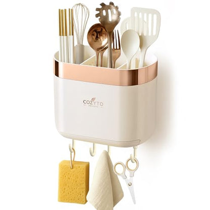 COZYTO LuxTray U1-Pro Wall Mounted Utensil Holder – Kitchen Organizer with Hooks, Dividers & Drain Tray, No-Drill Adhesive Wall Mount Storage, BPA-Free (Cream White & Rose Gold) - color: Cream White & Rose Gold
