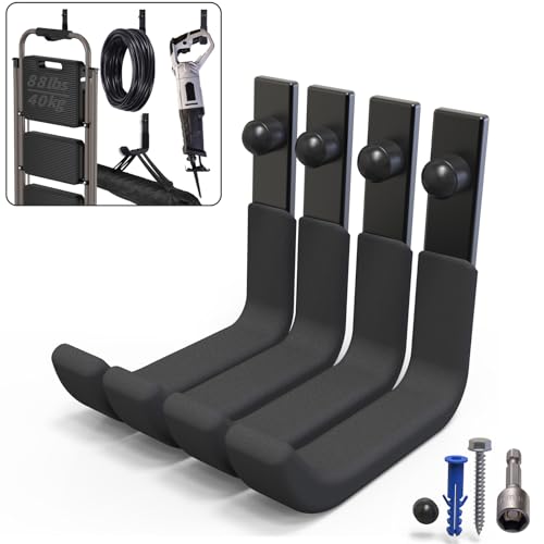 4 Pack Garage Storage Hooks, Ladder Hangers, Steel Wall Mount Hooks, Utility Hooks for Hanging Heavy Duty Shed Tools, Ropes, Garden Hoses, Shovel, Bulk Items, etc.（88lbs, 4Inch） - size: 4 Pack (4 inch)
