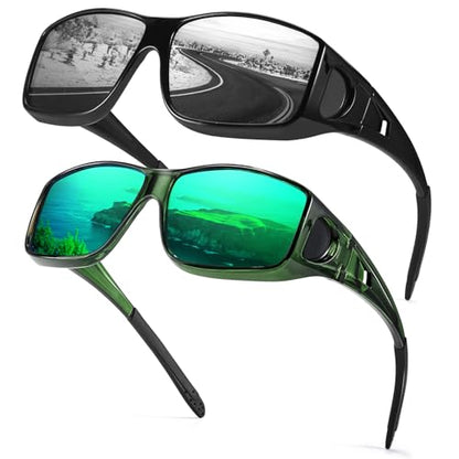 Myiaur Polarized Fit Over Glasses Sunglasses for Men Women, Trendy Wrap Around Sunglasses UV Protection for Driving (2 Pack) - color: A13(2 Pack) Black+tpgreen/Green Lens