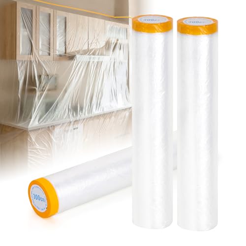 Pre-Taped Masking Film 3 Pack Each 118in x 65 feet Rolls, Tape and Drape, Painters Plastic Sheeting Drop Cloth for Automotive Painting Covering, House Decoration Furniture Floor Dustproof Cover - color: white, size: 118 in x 65 feet