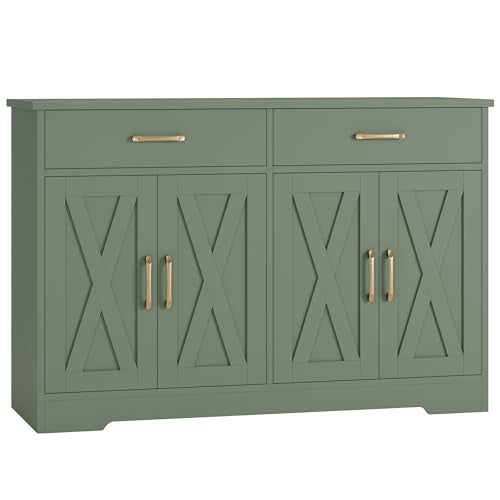 HOSTACK Buffet Cabinet with Storage, 47.2" Kitchen Sideboard Buffet with Drawers, Modern Farmhouse Coffee Bar Station with Shelves, Barn Doors Storage Cabinet for Living Room, Green - color: Green