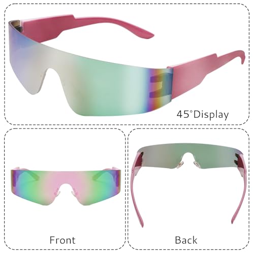 2 Pcs Futuristic Wrap Around Sunglasses Y2K Fashion Trendy Rimless Glasses Punk Eyewear for Women Men - color: Silver+pink